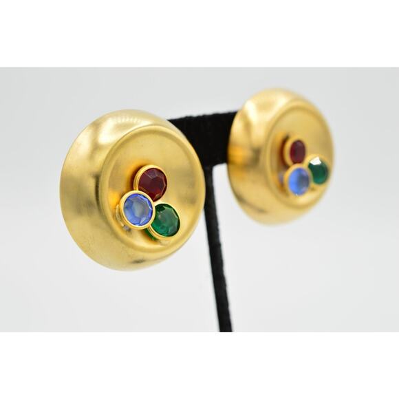 Vintage Crystal Clip Earrings Brushed Gold Rhinestone Chunky USA Signed NOS A21 - Picture 4 of 11